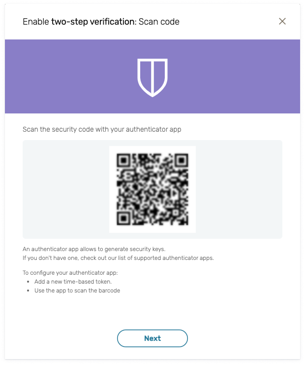 Scan the QR code with your authenticator app to enable two-step verification, then click Next